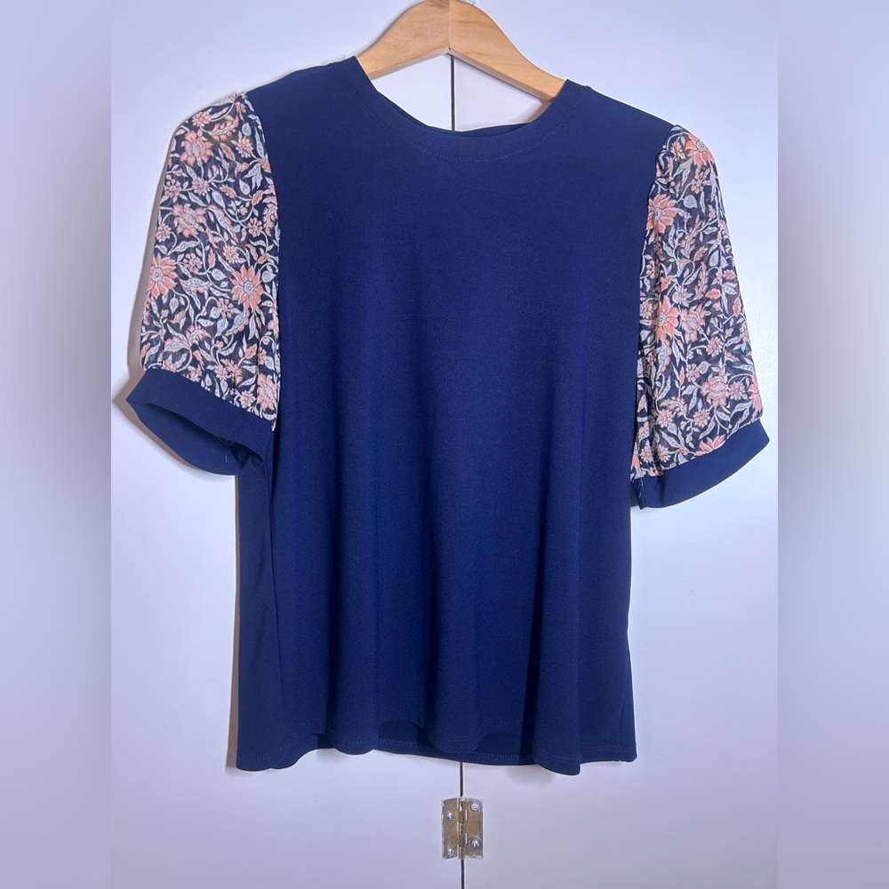 CeCe Navy Blouse with Floral Sleeves